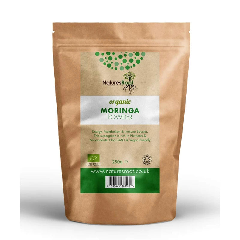 Nature’s Root Organic Moringa Powder 250g - 100% Natural Green Superfood | Vegan Whole Food | Non-GMO | High in Antioxidants | Dietary Fibre | Kraft Paper Pouch