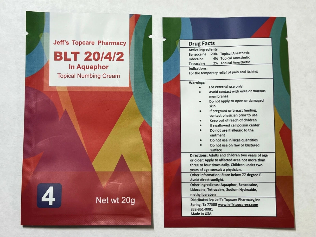 BLT (Benzocaine/Lidocaine/Tetracaine) 20/4/2 % in Aquaphor 20 gm packet each