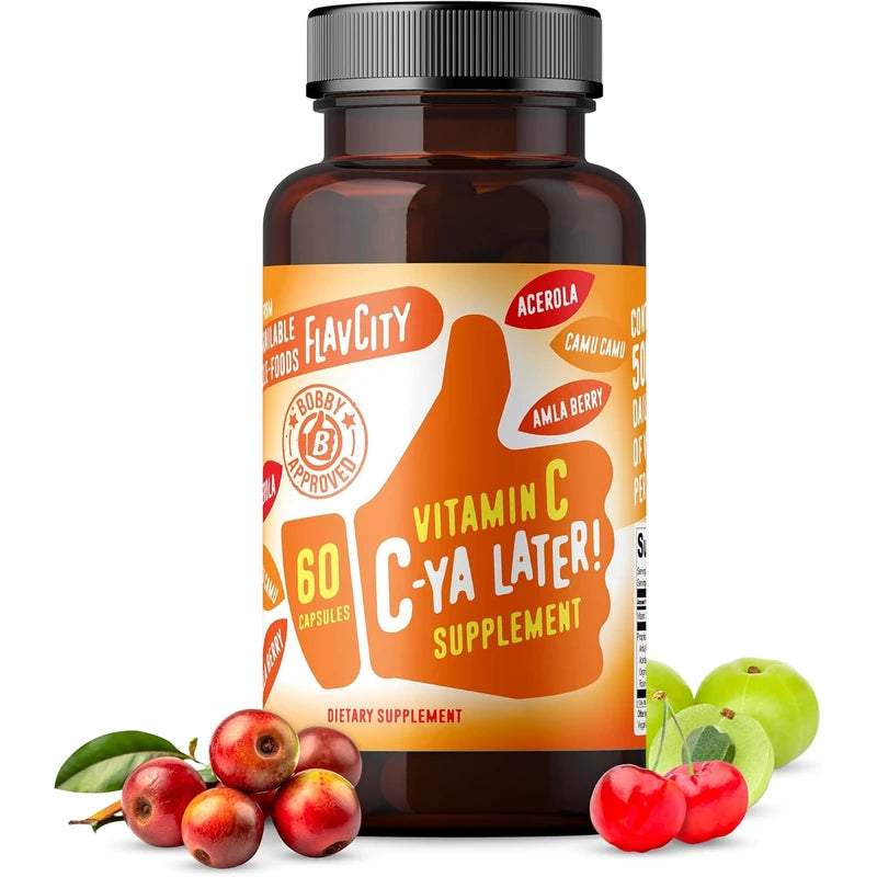 FlavCity Vitamin C Supplement, C-Ya Later- Dietary Supplement for Immune Support Derived from Bioavailable Sources of VIT C - Made with Acerola, Camu Camu & Amla Berry - 60 Capsules