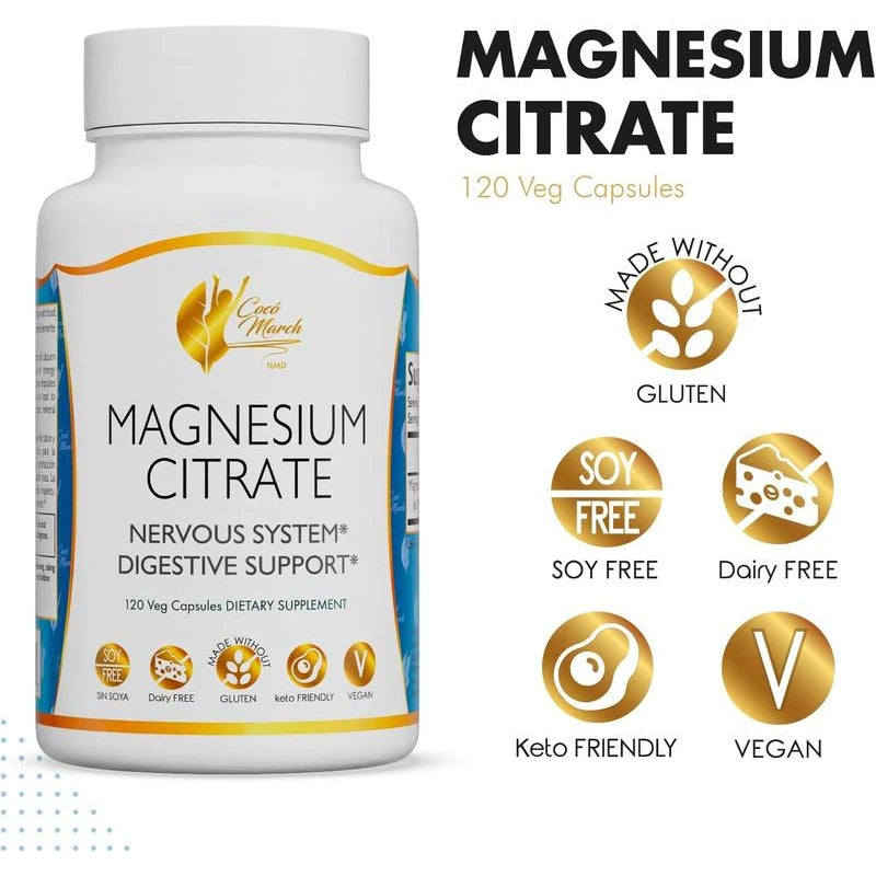 Coco March Magnesium Citrate - Relaxation- Sleep - Nervous & Digestive System Support, Gluten Free, Soy Free, Dairy Free, Keto Friendly, Vegan, 800 mg per Serving, 120 Capsules