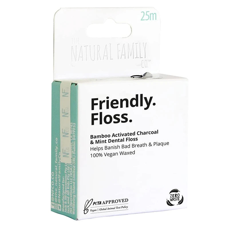 The Natural Family Co. Friendly Floss, 25 m Recyclable Dental Floss, Coated with Plant Based Wax for a Smooth Glide, Plastic Free Packaging and 100% Vegan Charcoal and Mint Flavour