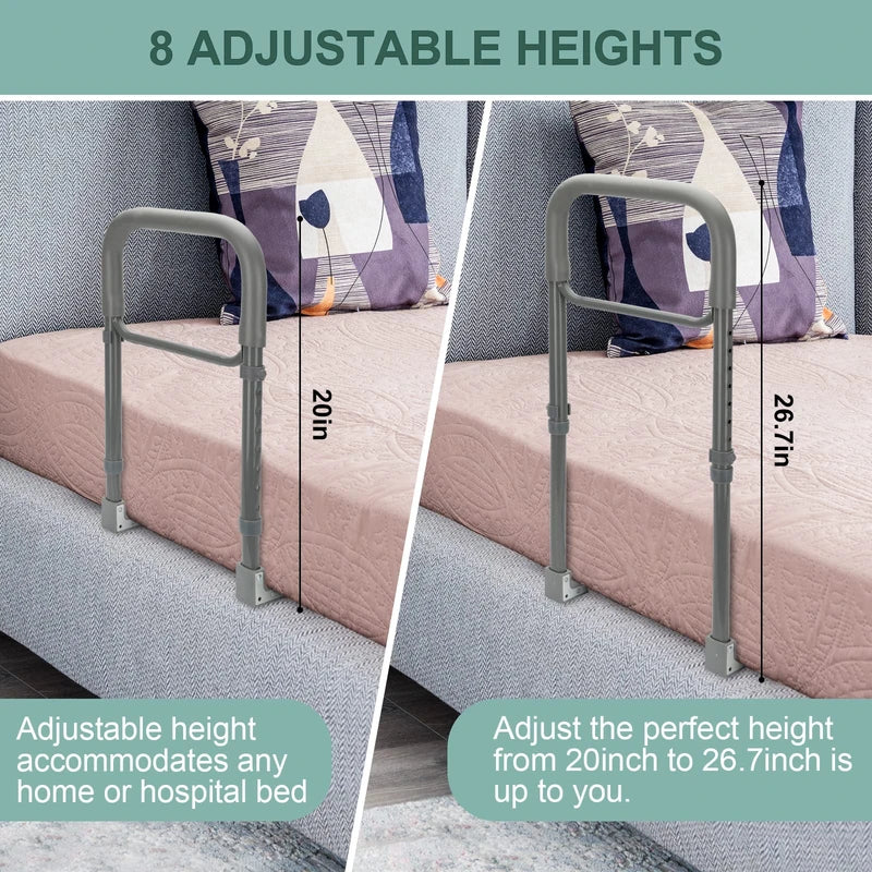 Bed Rails for Elderly Adults Assist Safety for Seniors Hand Bar Grab with Storage Pocket Patent Stabilizer with Fixing Strap, Support Up to 300lbs Grey