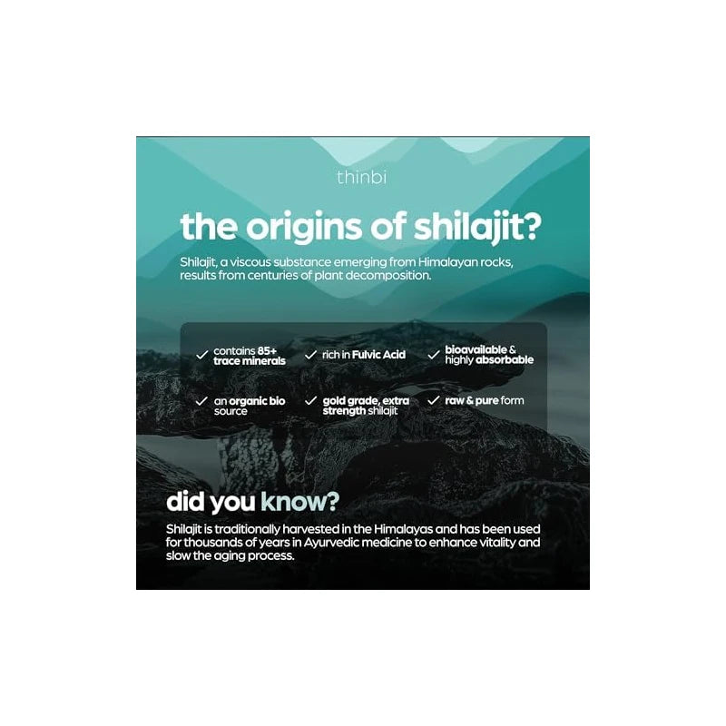 Thinbi Pure Himalayan Shilajit 10000mg Maximum Potency Organic Capsules 90 Count with Fulvic Acid & Trace Minerals for Enhanced Energy and Immune Support Men & Women Better Than Shilajit Resin