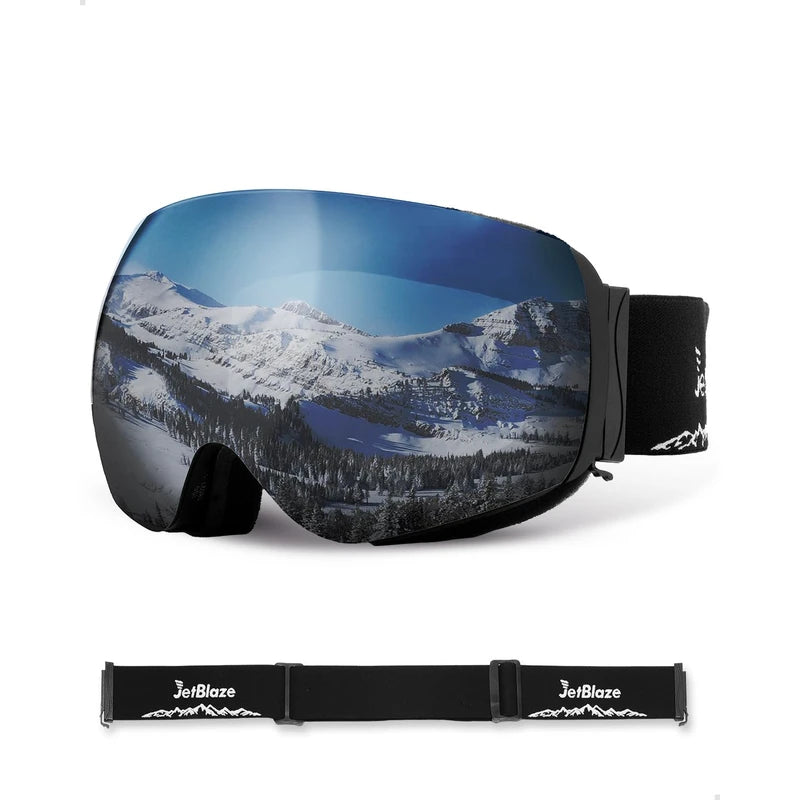 JetBlaze Ski Goggles Unisex OTG Ski Goggles with interchangeable lens and strap for spectacle wearers Snow Goggles Anti Fog Ski Snowboard Goggles Compatible Helmet Spherical Mirrored Silver Lens