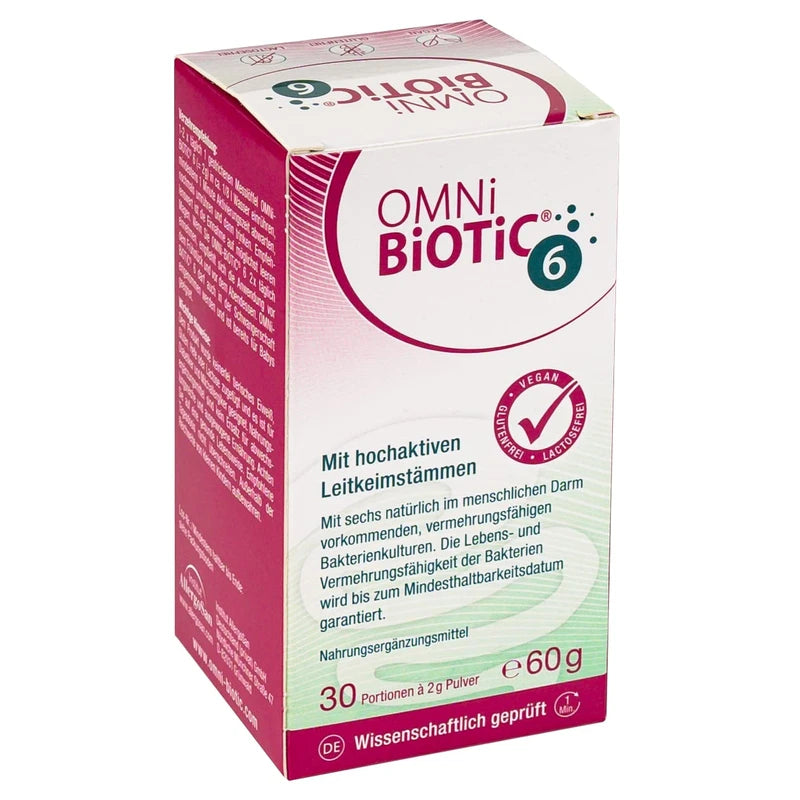 OMNi BiOTiC 6 | Glass | 30 Servings (60g) | 6 Bacterial Strains | 4 Billion Germs per Daily Dose | Powder | With Inulin | Vegan | Gluten Free | Lactose Free | For Daily Use