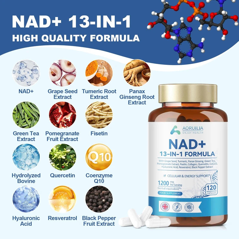 Aoruilia NAD Supplements 1200mg, NAD+ 13 in 1 Superior Antioxidant Blend with Max Absorption for Cellular Energy and Healthy Aging Support, 120 Capsules