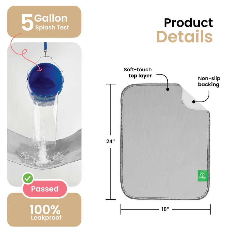 IMPROVIA® Washable Underpads, Heavy Absorbency Reusable Incontinence Pads for Kids, Adults, Elderly, and Pets - Waterproof Protection for Bed, Sofa, Furniture, Floor Gray & White (4 Pack - 18x24)