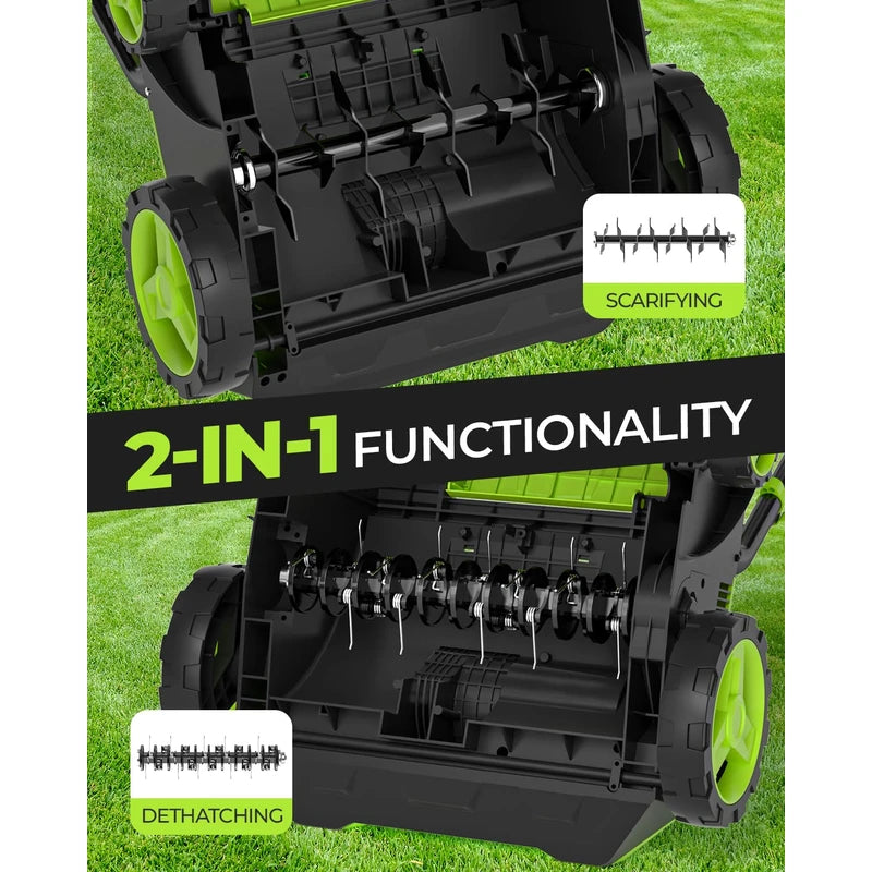 BUCOTOD 2-in-1 Electric Dethatcher and Scarifier, 13-Inch Raking & Scarifying, Turf Dethatcher & with 4-Position Height Adjustment, 14.5 gal Removable Thatch Bag for Lawn Health