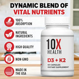 Vitamin D3 K2, 10X Health Vitamin D3 K2 - Loaded with 125 mcg Vitamin D and 90 mcg Vitamin K (Menaquinone 7) - D3 and K2 Supplements That Support Bone Health, Heart and Teeth - 60 Capsules