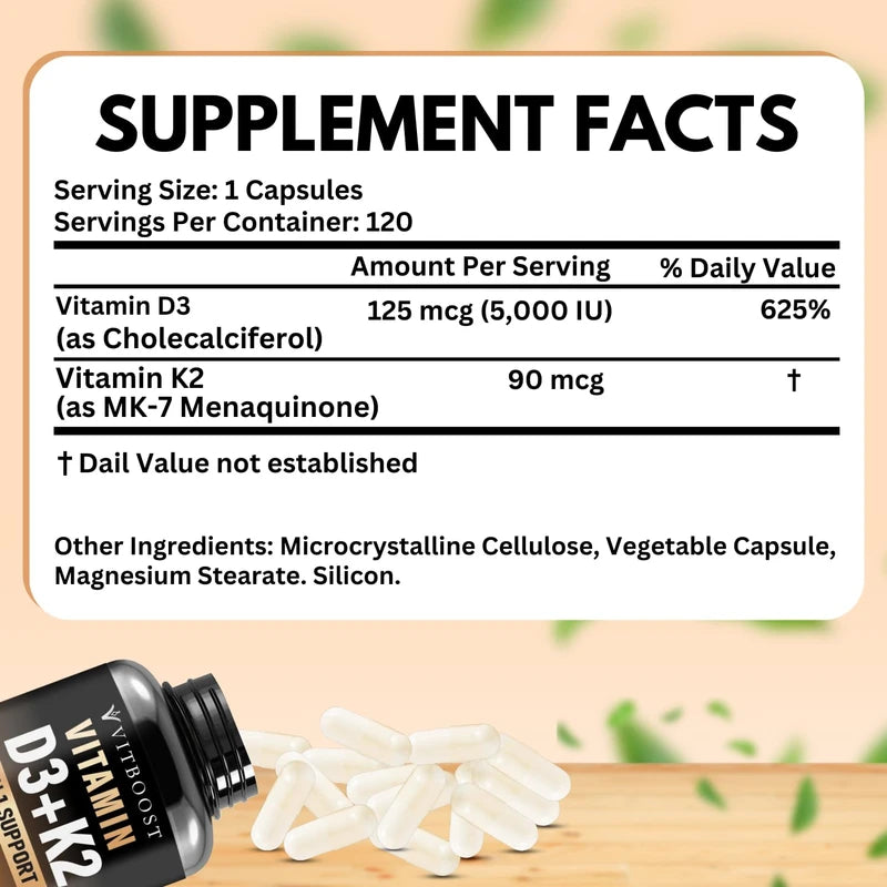 VITBOOST Vitamin D3 K2 Complex - Easy to Swallow - Vitamin D (D3) 5000 IU (125 mcg) & K2(MK-7) 90 mcg | Non-GMO | Gluten-Free | USA Made | 120 Capsules