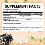 VITBOOST Vitamin D3 K2 Complex - Easy to Swallow - Vitamin D (D3) 5000 IU (125 mcg) & K2(MK-7) 90 mcg | Non-GMO | Gluten-Free | USA Made | 120 Capsules