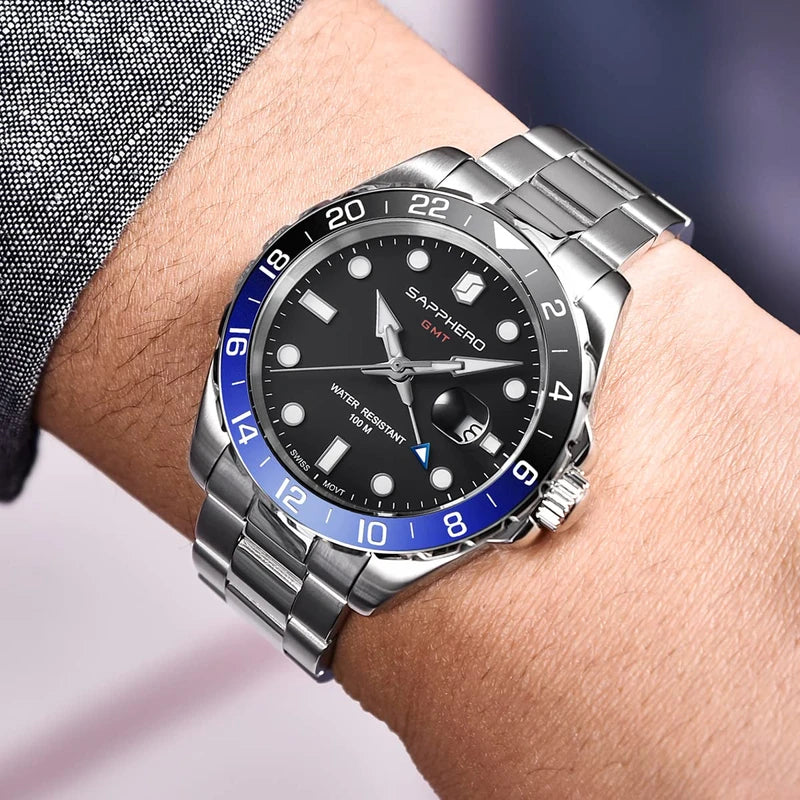 SAPPHERO GMT Watches Men's Swiss Quartz Movement Dual Time Zone 100 m Waterproof Men's Watch Elegant Business Casual Watch Men's Silver Stainless Steel Strap with Luminous Calendar Gift for Men,