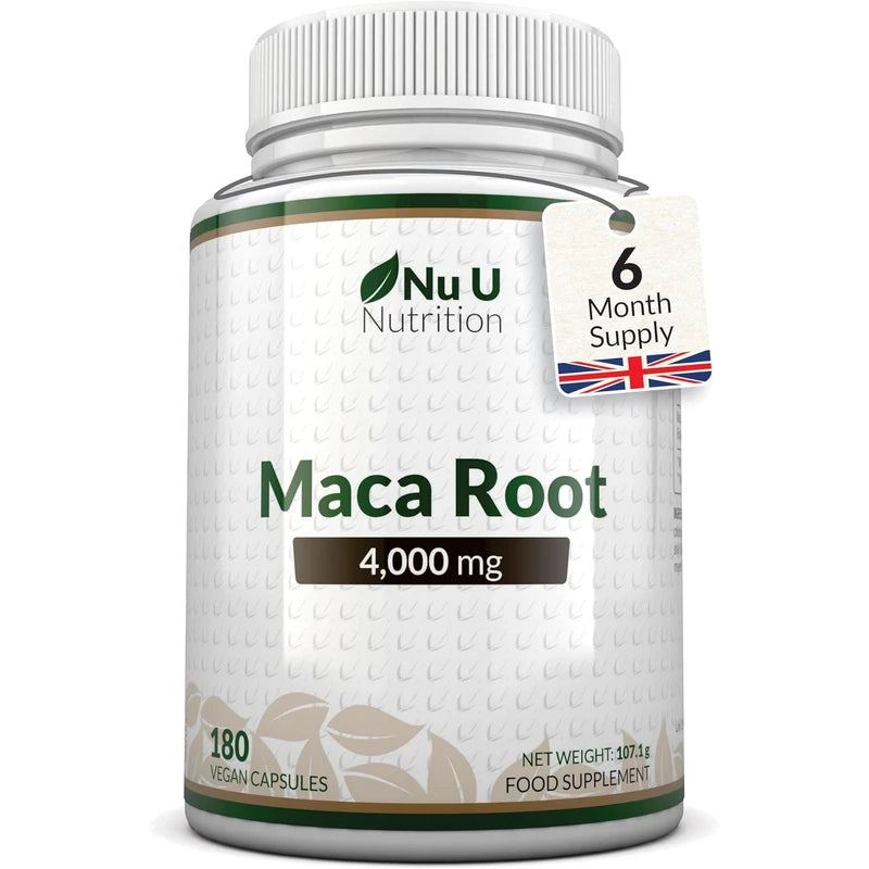 Maca Root Capsules 4000mg – 180 Vegan Capsules – 6-Month Supply – High-Strength Peruvian Maca for Men & Women – Made in the UK by Nu U Nutrition