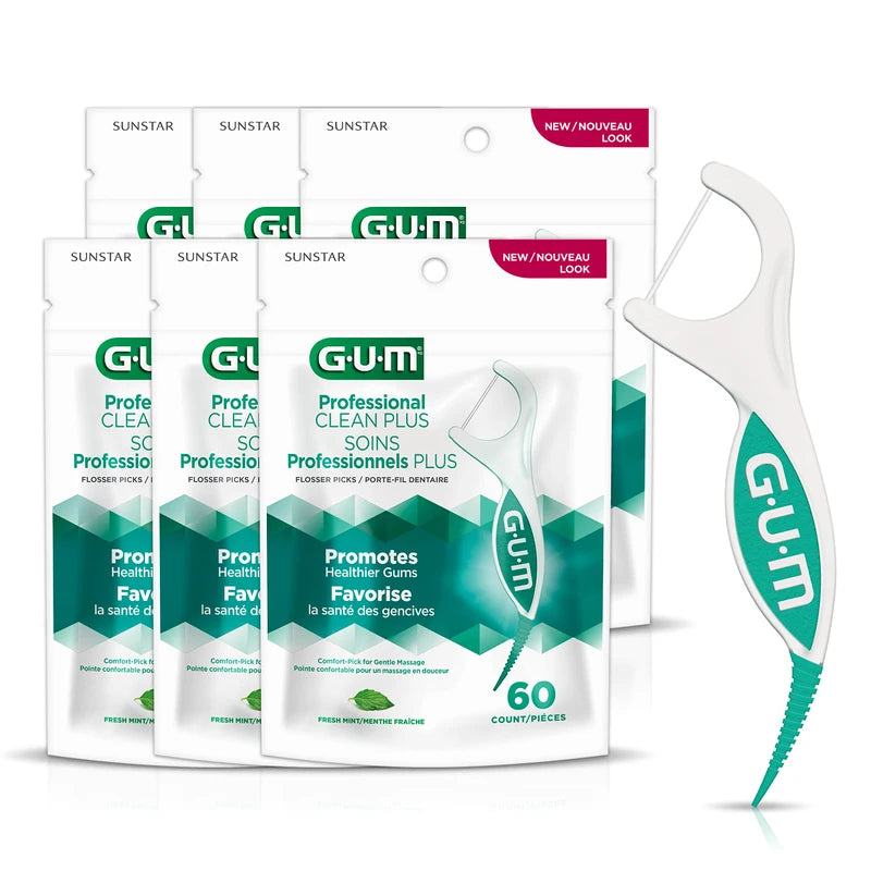 GUM Professional Clean Plus Flosser Picks, Promotes Healthier Gums, Comfort-Pick for Gentle Massage, Fresh Mint Flavour, Teal & White, 6 Bags X 60ct (360 Flossers)
