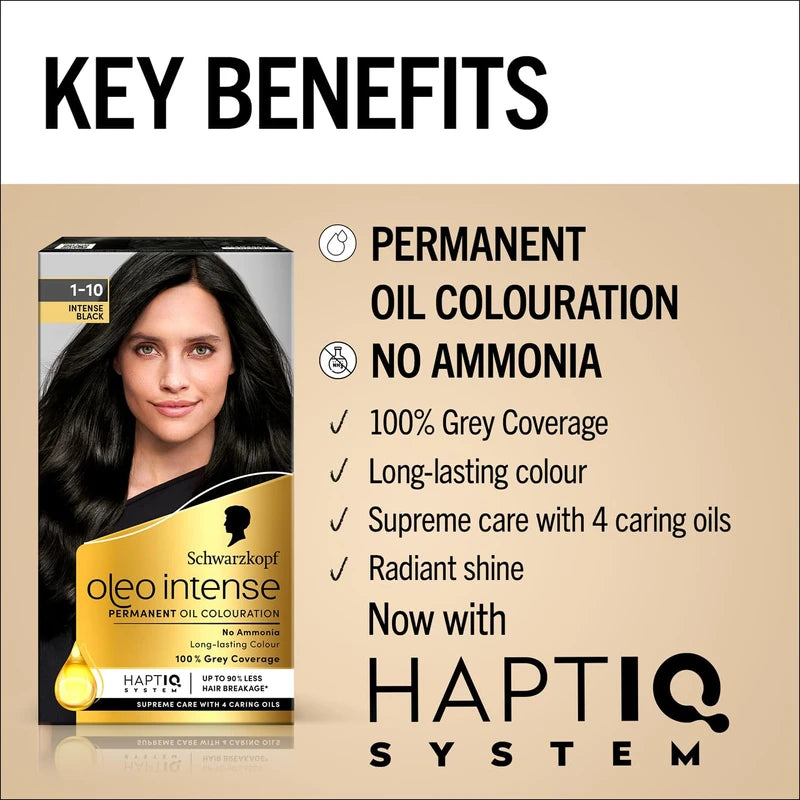 Schwarzkopf Oleo Intense Permanent Oil Colour 1-10 Intense Black Hair Dye, 100% Grey Coverage, Conditioner with HaptIQ System, Long-Lasting, Ammonia Free