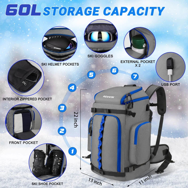 RESVIN Ski Boot Bag, 60L Durable Travel Backpack, 1680D Nylon Waterproof Snowboard Boot Bag, Skiing and Snowboarding Travel Luggage for Helmet, Goggles, Gloves, Outerwear & Accessories