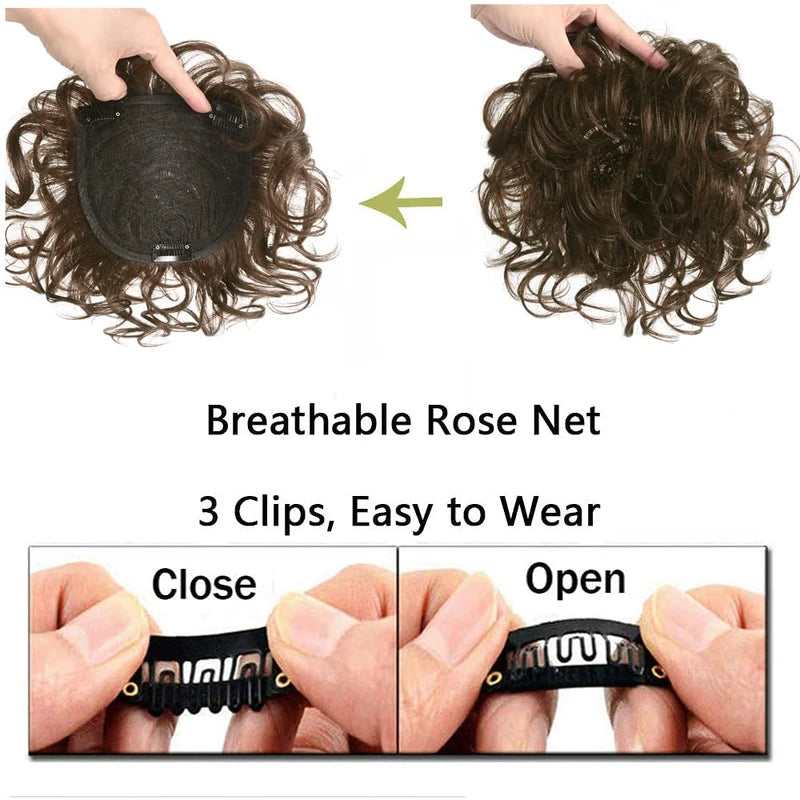 ICRAB Short Curly Real Human Hair Topper with Front Bangs for Women,Breathable Wiglets Hairpieces 5.1x5.1 Large Coverage Women Toupee Clip in Top Wavy Hair Pieces Topper(7",Light Brown)