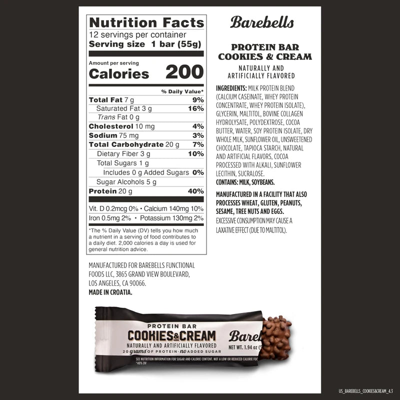 BAREBELLS Barebells Protein Bars Cookies & Cream - 12 Count, 1.94oz Bars - Protein Snacks with 20g of High Protein - Chocolate Protein Bar with 1g of Total Sugars - On The Go Protein Snack & Breakfast Bars