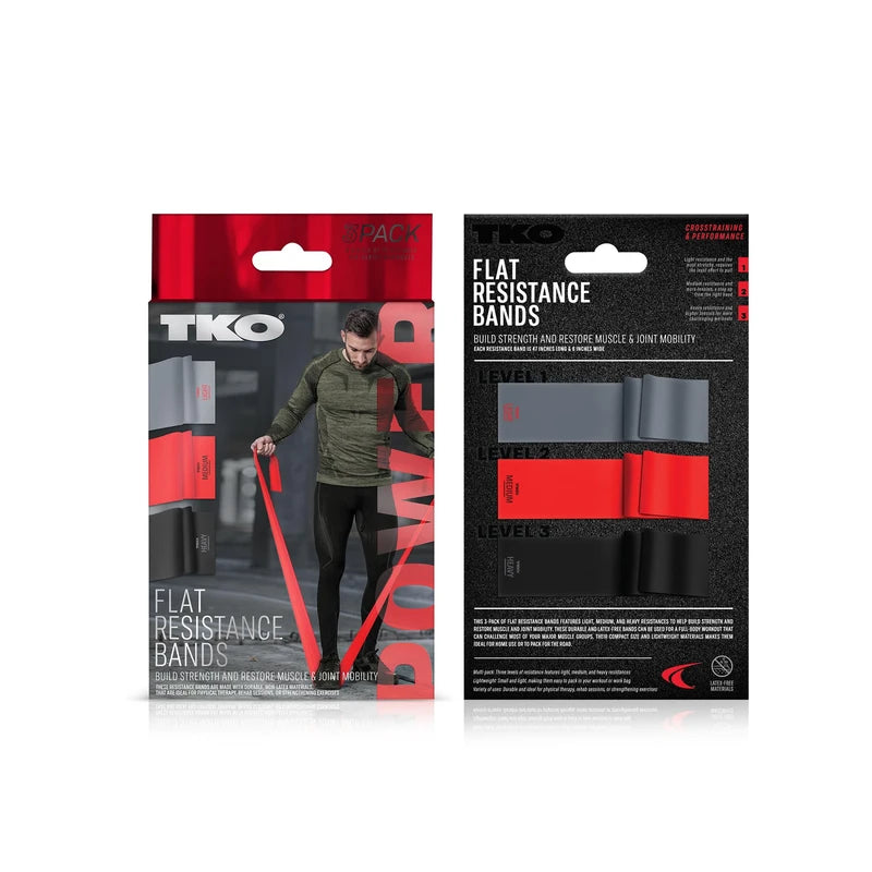 TKO Resistance Bands Set 3-Pack - 3 Latex-Free Rubber Flat Exercise Bands in Light, Medium, and Heavy Resistance Levels for Physical Therapy, Stretching, Strength Training (3-Pack, Black/Red/Gray)