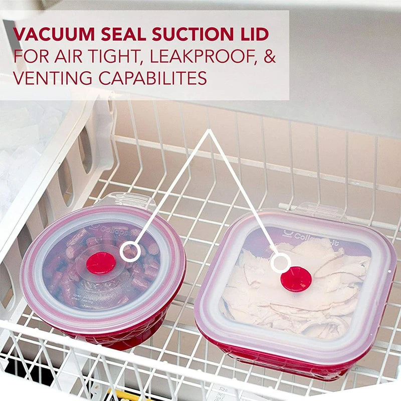 Collapse-it 6-Piece Silicone Food Storage Containers Red Square Set Kitchen