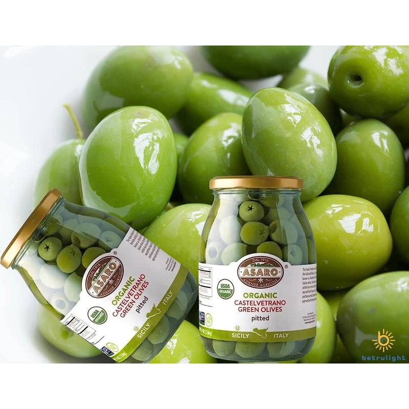 Organic Olives |ASARO Organic Castelvetrano Green Pitted Olive Is GMO FREE, GLUTEN FREE, VEGETARIAN, VEGAN & Keto Friendly Olives Good for Healthy Snacks On the Go, Salad and Cocktails Bundled with BETRULIGHT Fridge Decal - 19 OZ Glass Jar ( Pack of 2 )
