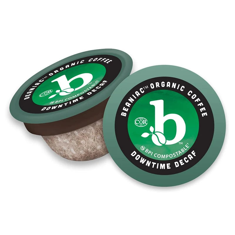 beaniac Organic Down Time Decaffeinated Medium Roast, Single Serve Coffee Pods, Arabica Coffee, Plant-Based, 30 Count