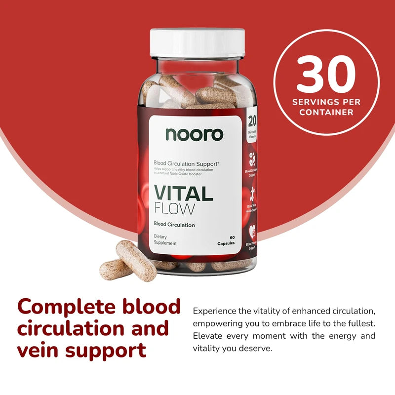 nooro Vital Flow Advanced Blood Circulation Supplement with Nitric Oxide Boost, Vitamin D3, Magnesium, Probiotic Blend, Veins Support Non-GMO and Gluten Free 120 Capsules