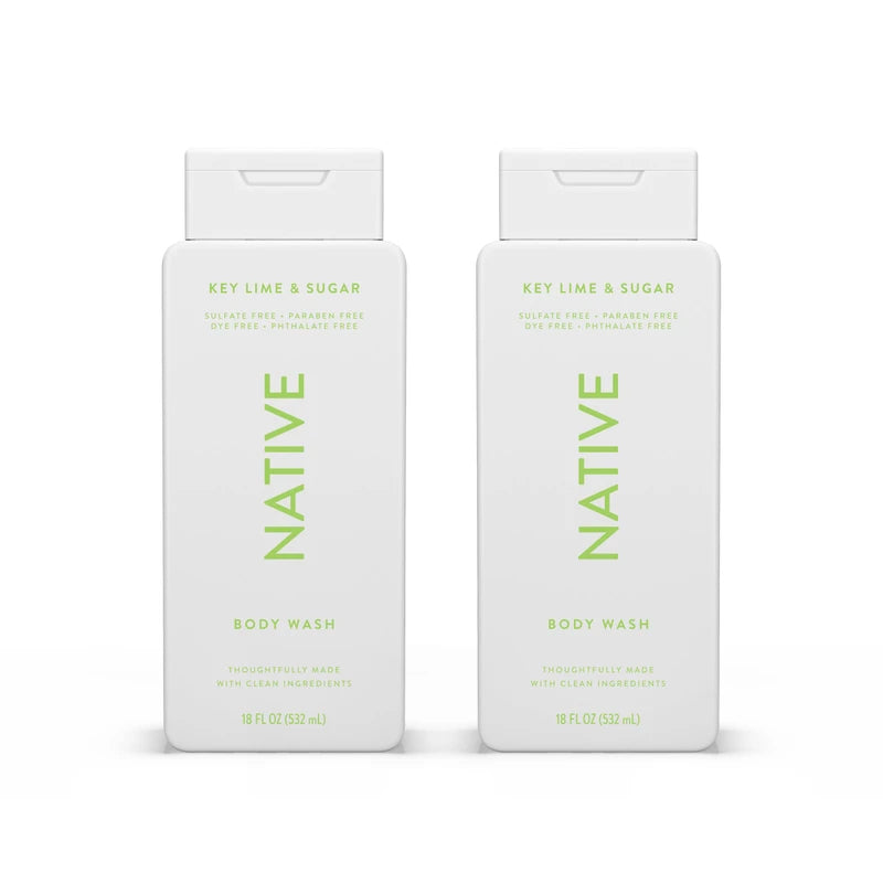 Native Body Wash Contains Naturally Derived Ingredients | For Women & Men, Sulfate, Paraben, & Dye Free Leaving Skin Soft and Hydrating |Key Lime & Sugar 18 oz - 2 Pk