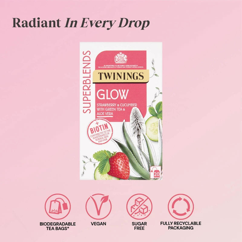 Twinings Superblends Glow Tea - Strawberry & Cucumber Green Tea with Aloe Vera & Biotin for Skincare & Hair Care, 80 x Biodegradable Tea Bags