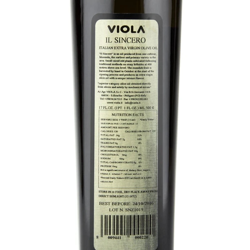 Viola Il Sincero 2019 Harvest Italian Extra Virgin Olive Oil From Umbria - 0.5 Liter / 16.9 Ounce