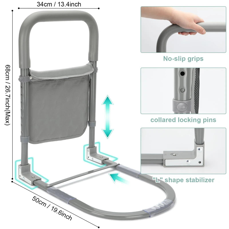 Bed Rails for Elderly Adults Assist Safety for Seniors Hand Bar Grab with Storage Pocket Patent Stabilizer with Fixing Strap, Support Up to 300lbs Grey