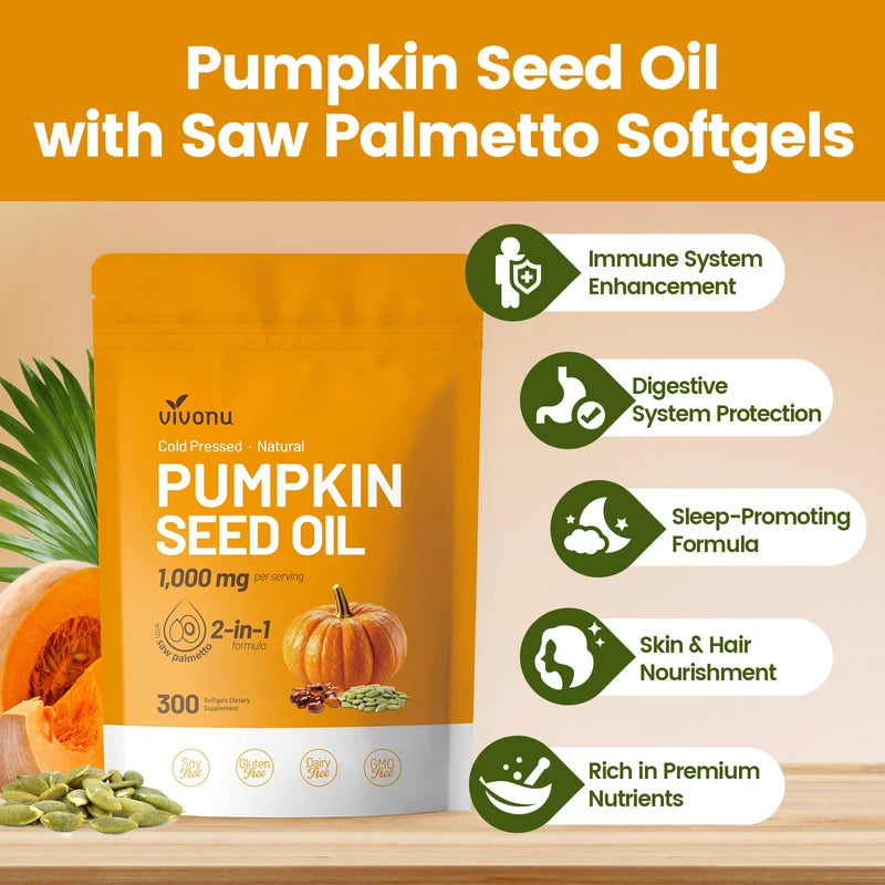 Pumpkin Seed Oil with Saw Palmetto Capsules | Cold Pressed, Pure Virgin Oil, Essential Fatty Acids & Phytosterols | 300 SoftgelsSupports Hair, Urinary, Bladder & Prostate Health | Non-GMO