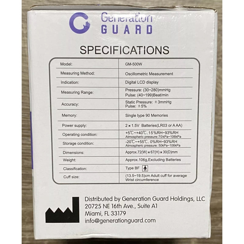 GM Generation Guard GM-500W Clinical Wrist Blood Pressure Monitor Digital LCD