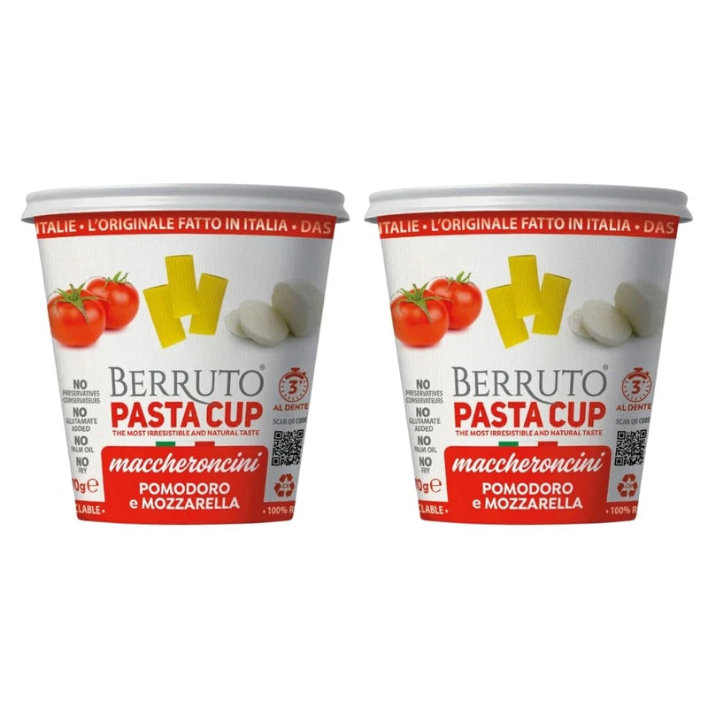 Berruto Individual Pasta Cup 2.4 oz, Pomodoro Mozzarella – Recyclable Microwave Pasta Food Meals – No Palm Oil, Non-Preservatives – (2 Pack)