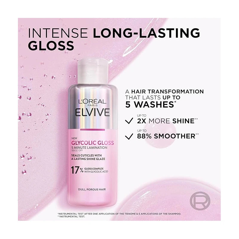 L'Oreal Paris Elvive Glycolic Gloss Lamination Rinse-Off Treatment, With Gloss Complex and Glycolic Acid, Fills and Seals Hair Fibres, For Long-lasting Smooth & Shiny Hair, Ideal for Dull Hair, 200ml