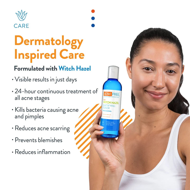 AcneFree Witch Hazel Mattifying Toner With Glycolic Acid, Aloe Vera, 8 Ounce - Pack of 2