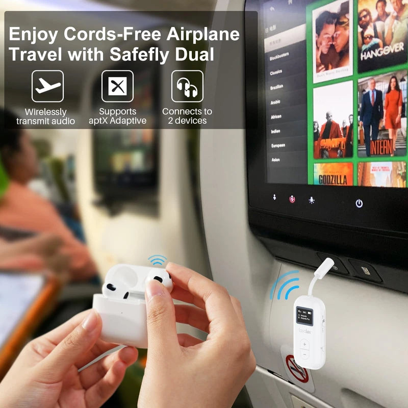 SafeFly Dual Premium Bluetooth 5.3 Transmitter Bluetooth Adapter w/Screen for AirPods or Wireless Headphones - Use with Any 3.5 mm Audio Jack for Airplanes, TV, MP3 Player, PC, Switch