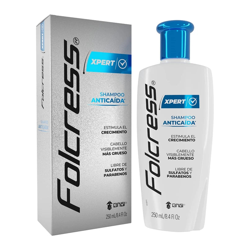 Folcress Xpert Shampoo Anticaida | Sin sulfatos, parabenos y colorantes, estimula el crecimiento, detiene la caida, shampoo de uso diario, pelo visiblemente más grueso, para hombres | 250 ml