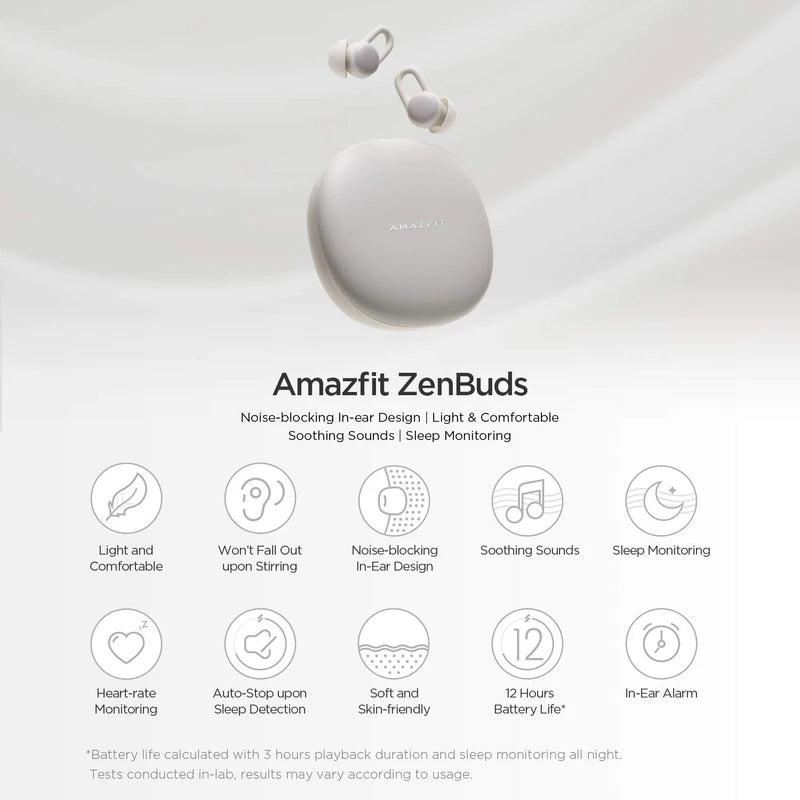 Amazfit Zenbuds Smart Sleep Earbuds, Noise Blocking, in-Ear Alarm, Soothing Sounds, Light and Comfortable, in-Ear Alarm Detection, Cloud White