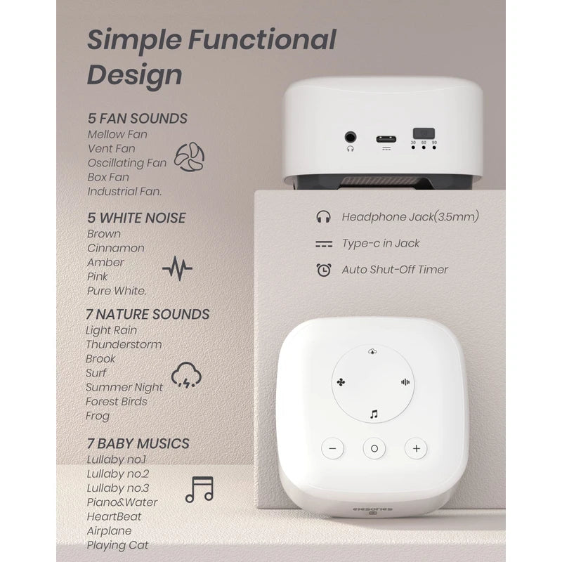 elesories White Noise Machine for Sleeping Nursery Office Home, Memory Function, Sleep Timer, Sound Machine with 20 Soothing Sounds, Sound Machine Baby Sleep Therapy Powered by AC or USB