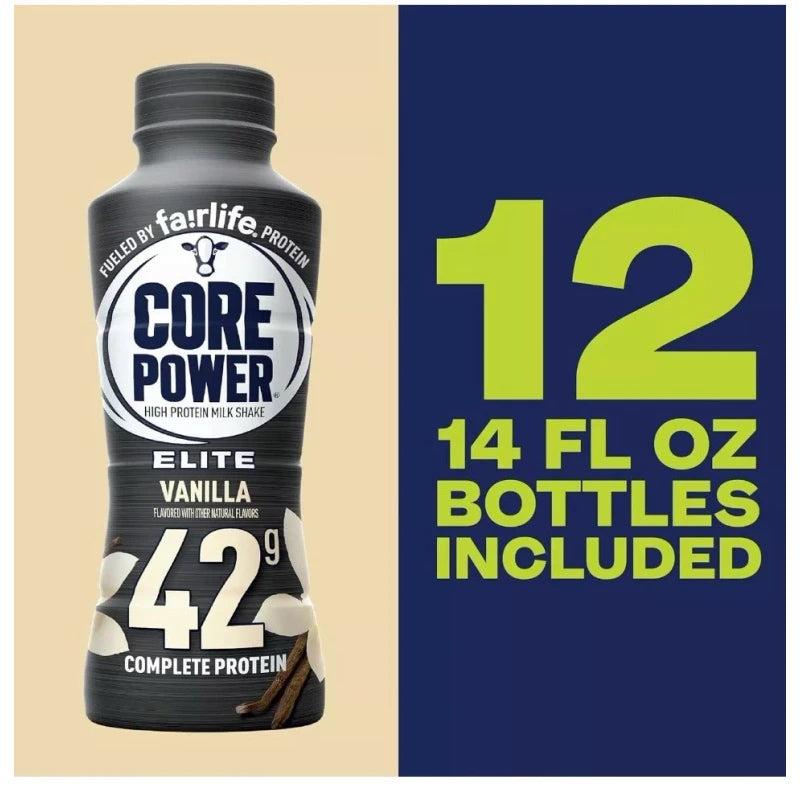 Premier Core Power Elite High Protein Shake, Vanilla, 42g Bottle, 14oz, 12 Pack