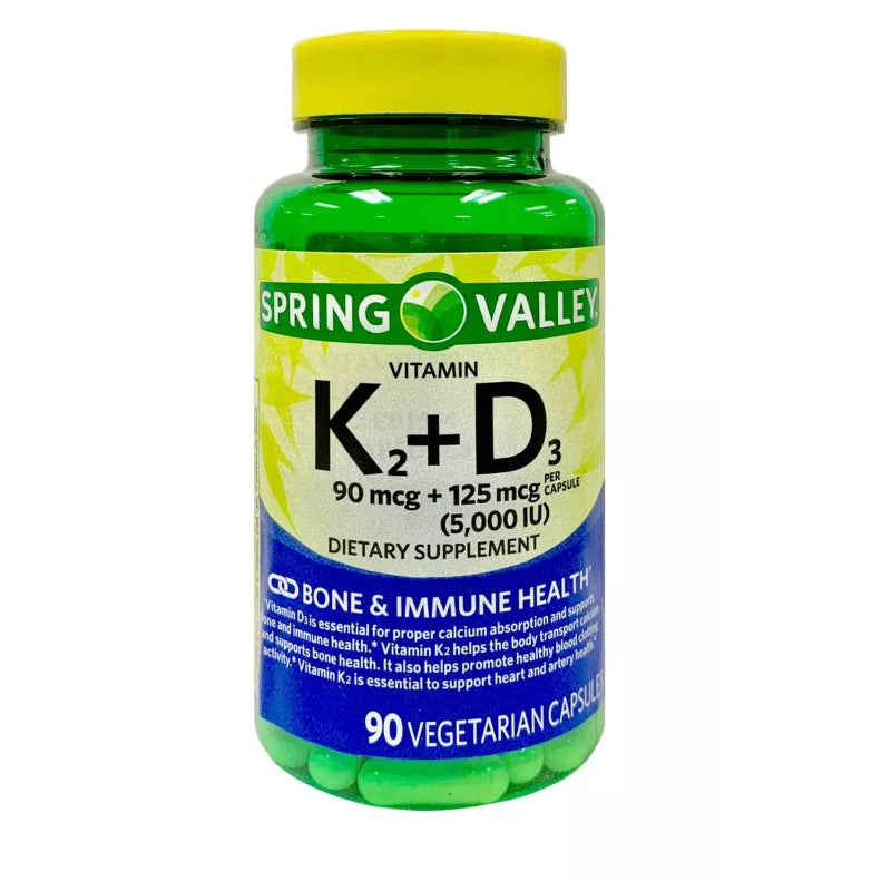 Spring Valley Vitamin K2 (90mcg)+ D3 (125mcg) Vegetarian Capsules, 90 Ct 01/2026