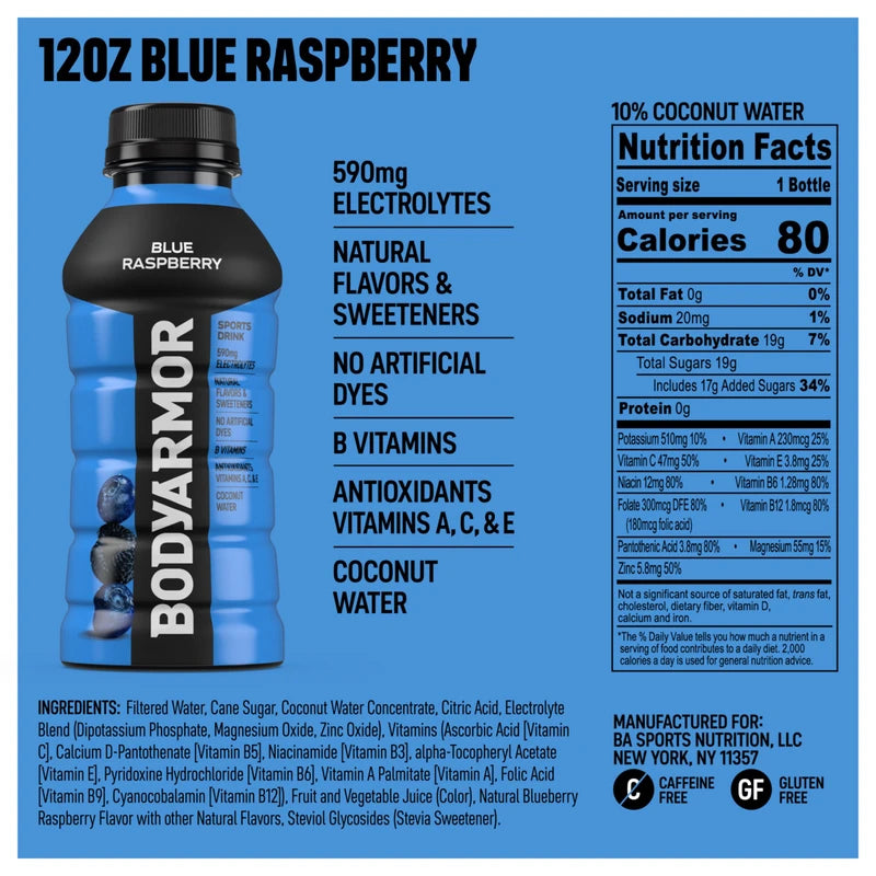 BODYARMOR Sports Drink Sports Beverage, Blue Raspberry, Natural Flavors With Vitamins, Potassium-Packed Electrolytes, No Preservatives, Perfect For Athletes, 12 ounce (Pack of 8)