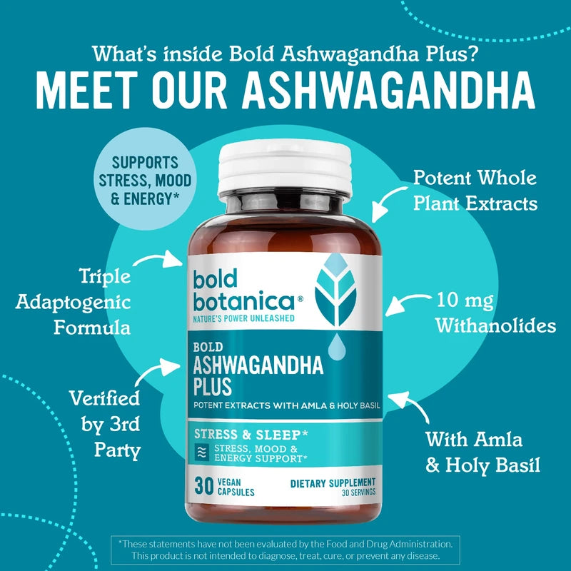 Bold Botanica Bold Ashwagandha Plus –Stress, Mood, Memory & Energy Support - Potent Extracts with Amla & Holy Basil -Triple Adaptogenic Formula—One Capsule Daily- 30 Vegan Caps (1)