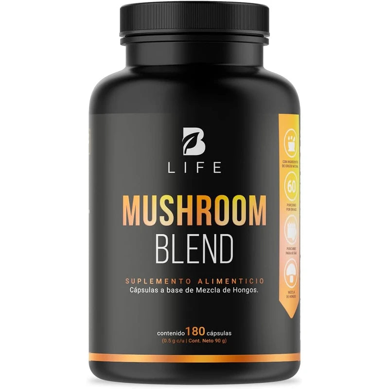 Mezcla de Hongos Adaptógenos con Melena de León, Reishi, Cordyceps, Chaga y Cola de Pavo | Mushroom Blend B Life | 90 Cápsulas con 1500 mg por Porción | Ingredientes Naturales para el Bienestar Integral