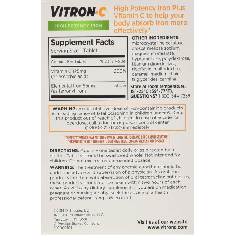 Vitron-C VITRON-C High Potency Iron Plus Vitamin C Tablets - 60 Ea - 3 pack