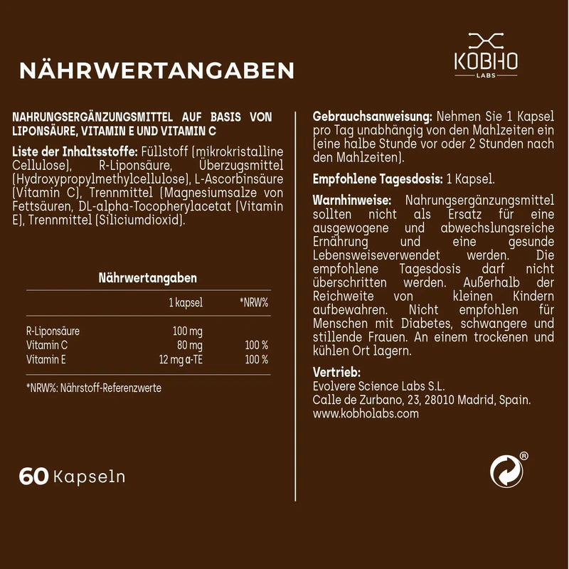 R Alpha-Liponsäure | Starkes Antioxidans mit den Vitaminen C und E | Kontrolliert Cholesterin + Zucker | Appetithemmer | Entzündungshemmend | Maximale Absorption | Für Veganer
