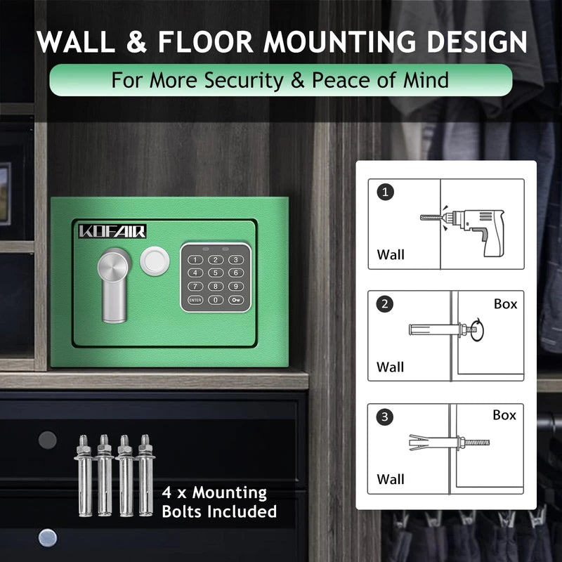 KOFAIR Safe with Fireproof Bag, Personal Mini Digital Money Lock Box (Green) - 0.23 Cubic Feet