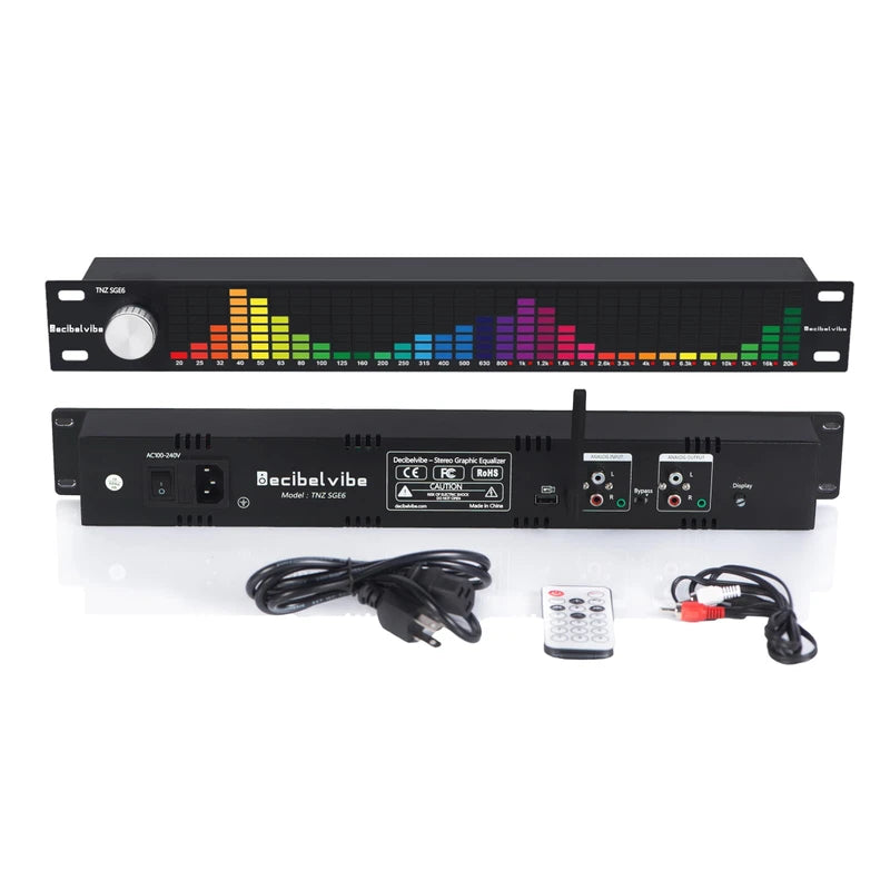 Decibelvibe TNZ SGE6 - Audio Graphic Equalizer with Rear RCA/3.5 Auxiliary Input and Output, Built-in Microphone, USB and Bluetooth Input, Preamp for Home Audio, DJ, HiFi Audio Setup (Silver)