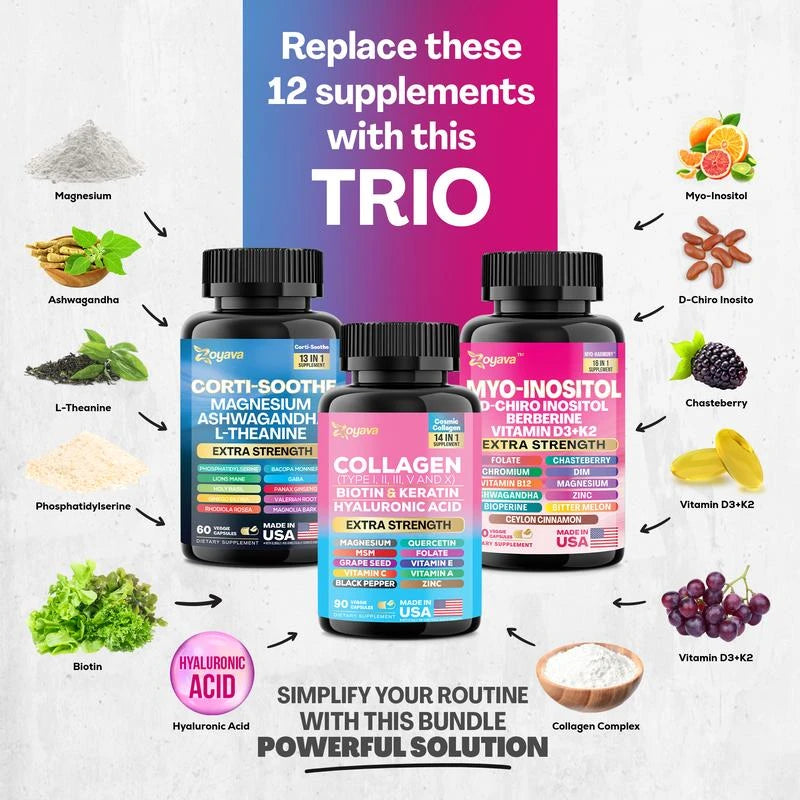 She Shines Set - Zoyava Ultimate Women's All-in-One Supplement with Corti-Soothe, Myo-Inositol, Collagen & Extra Strength Ingredients - Made in USA